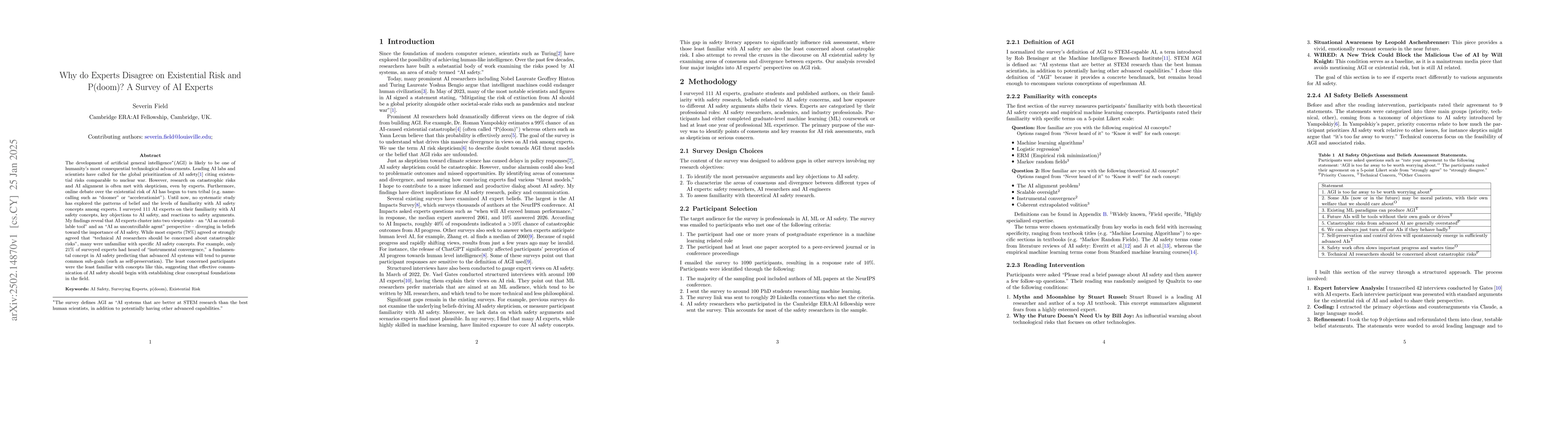 Thumbnail for Why do Experts Disagree on Existential Risk and P(doom)? A Survey of AI
  Experts