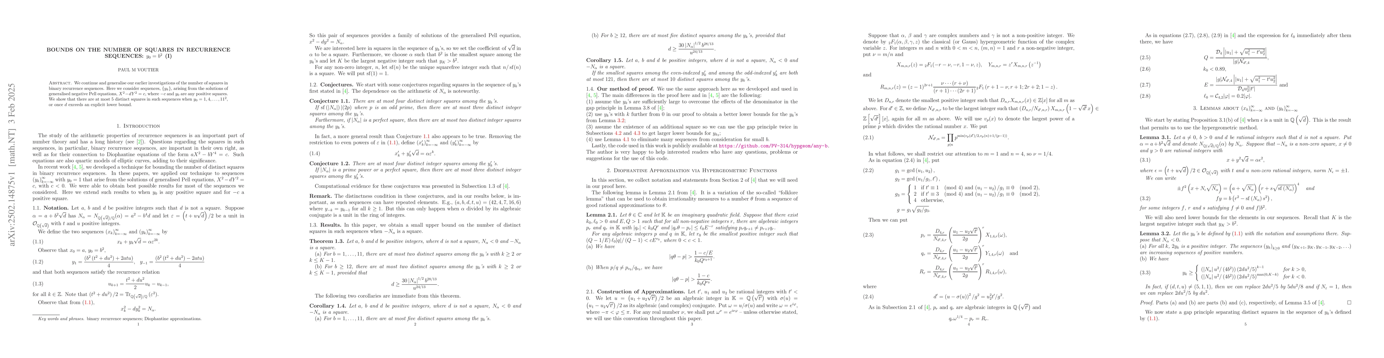 Thumbnail for Bounds on the number of squares in recurrence sequences: $y_{0}=b^{2}$
  (I)