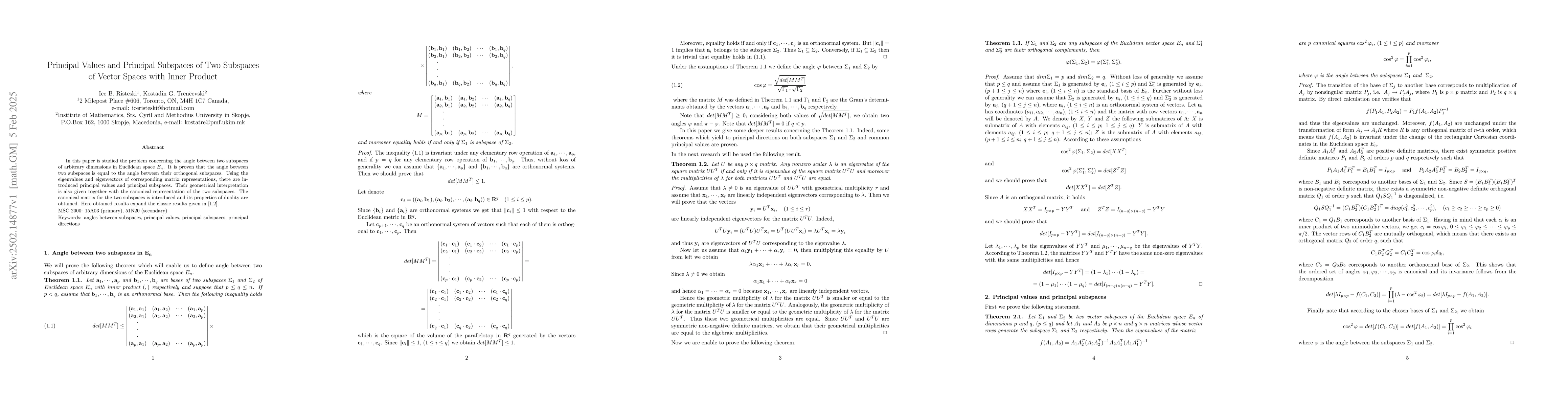Thumbnail for Principal Values and Principal Subspaces of Two Subspaces of Vector
  Spaces with Inner Product