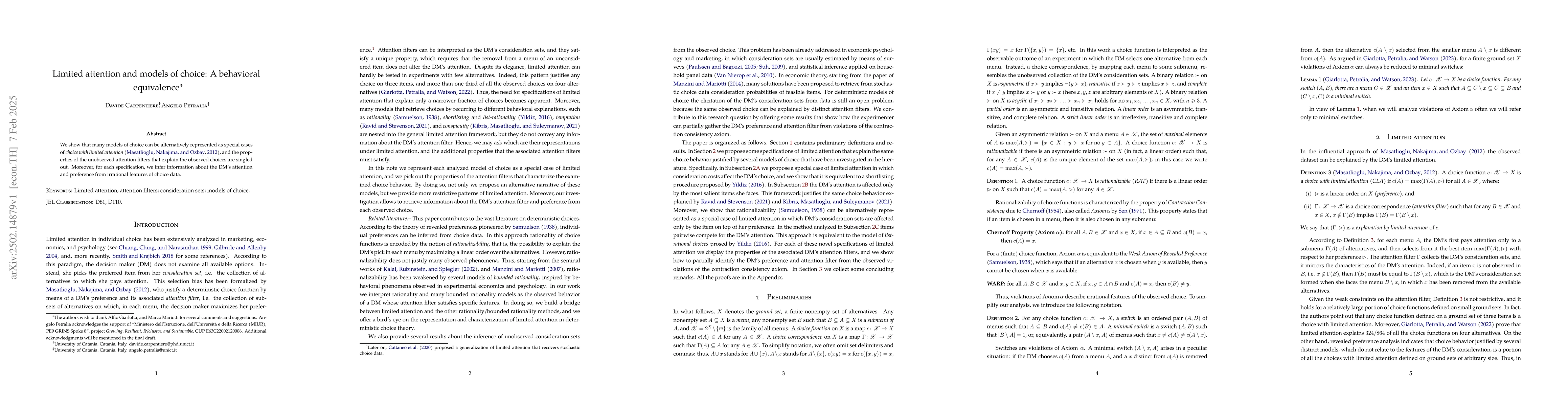 Thumbnail for Limited attention and models of choice: A behavioral equivalence