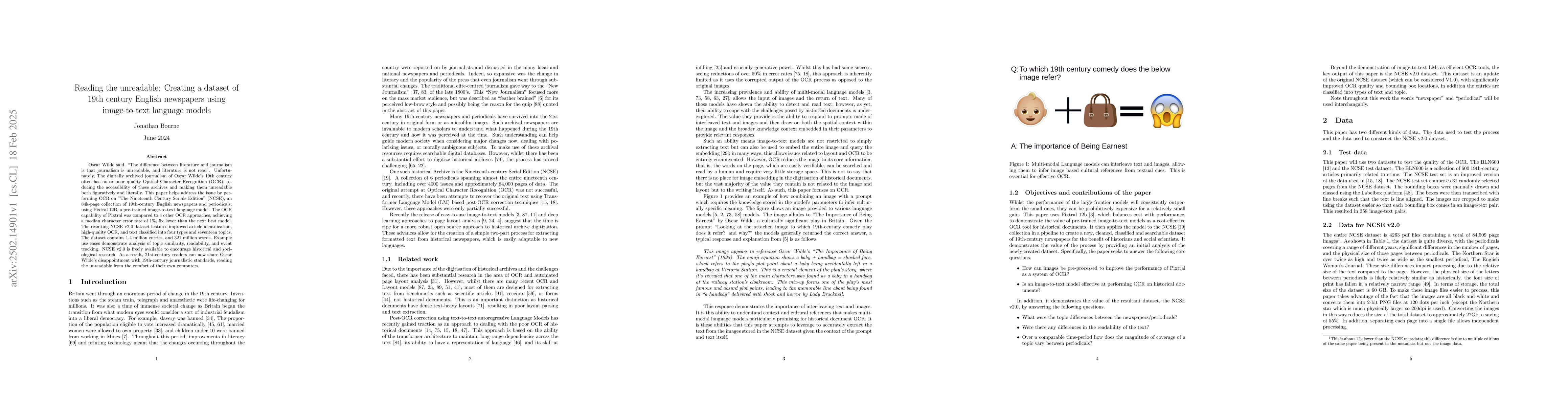 Thumbnail for Reading the unreadable: Creating a dataset of 19th century English
  newspapers using image-to-text language models