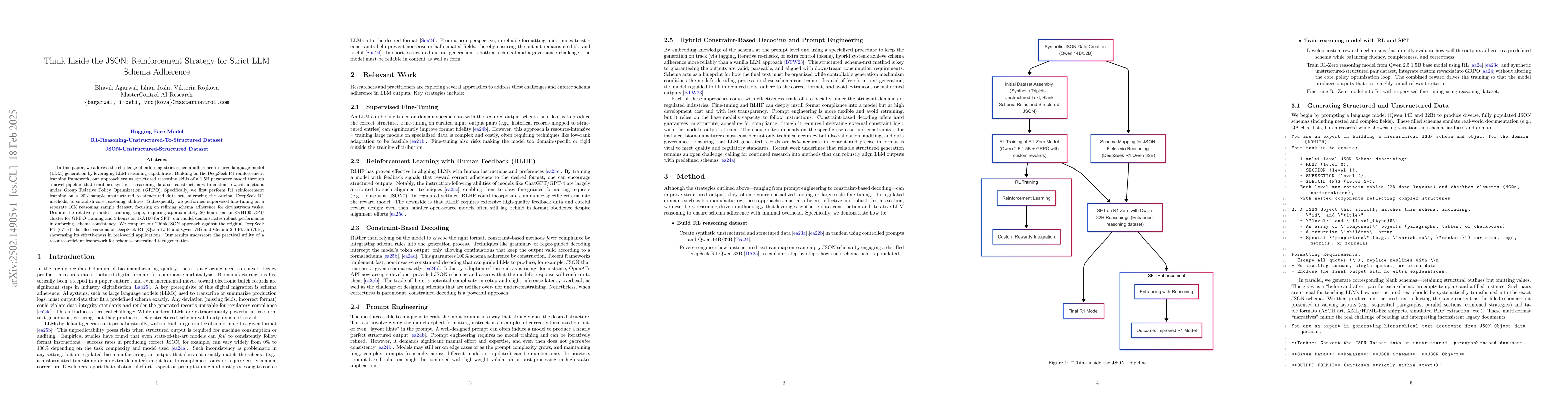 Thumbnail for Think Inside the JSON: Reinforcement Strategy for Strict LLM Schema
  Adherence