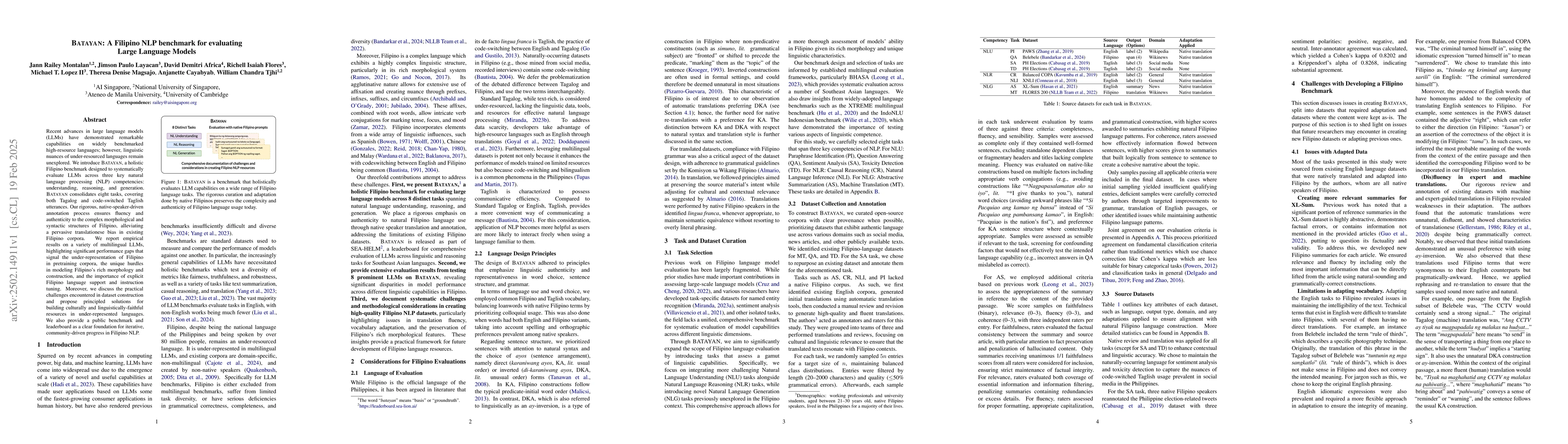 Thumbnail for Batayan: A Filipino NLP benchmark for evaluating Large Language Models