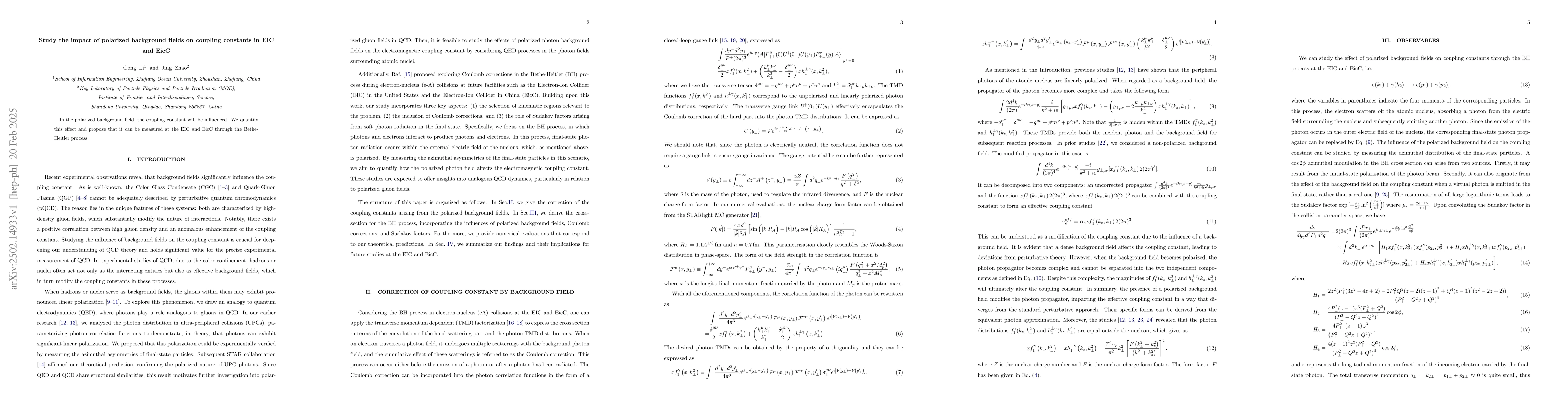 Thumbnail for Study the impact of polarized background fields on coupling constants in
  EIC and EicC