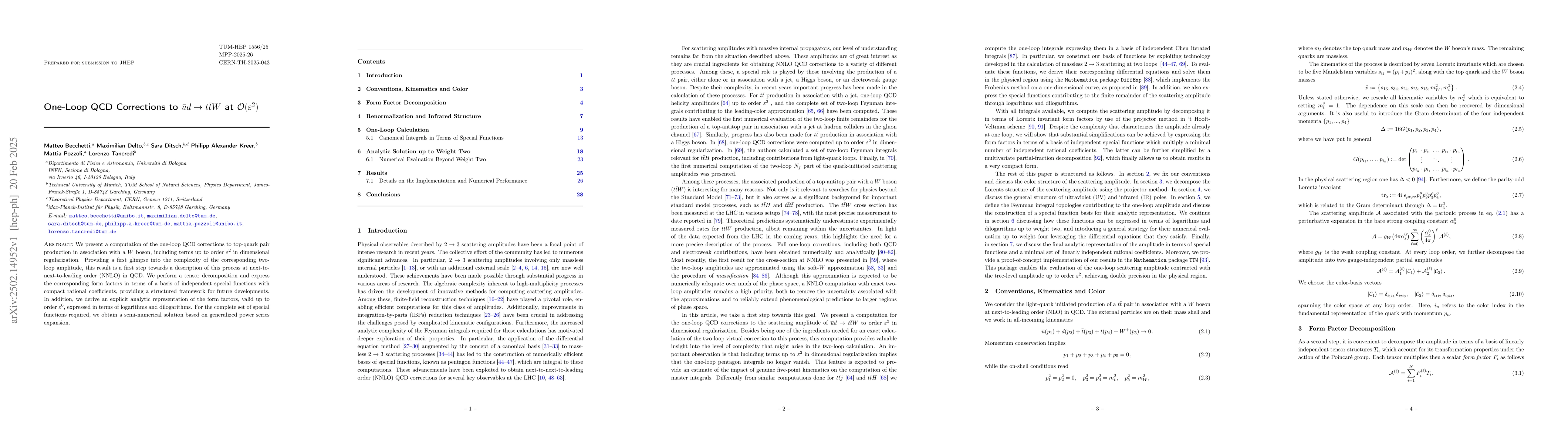 Thumbnail for One-Loop QCD Corrections to $\bar{u}d \rightarrow t\bar{t}W$ at
  $\mathcal{O}(\varepsilon^2)$