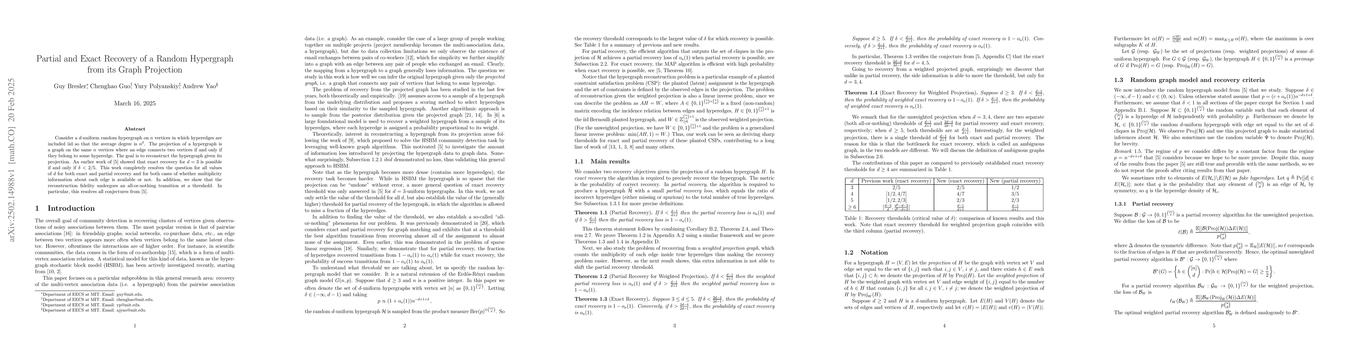 Thumbnail for Partial and Exact Recovery of a Random Hypergraph from its Graph
  Projection