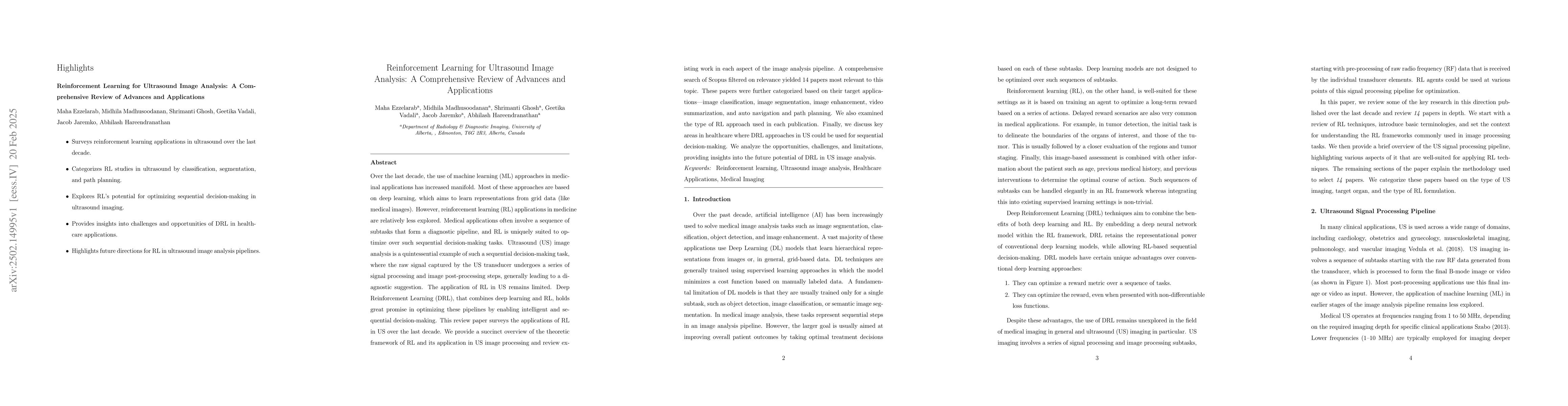 Thumbnail for Reinforcement Learning for Ultrasound Image Analysis A Comprehensive
  Review of Advances and Applications