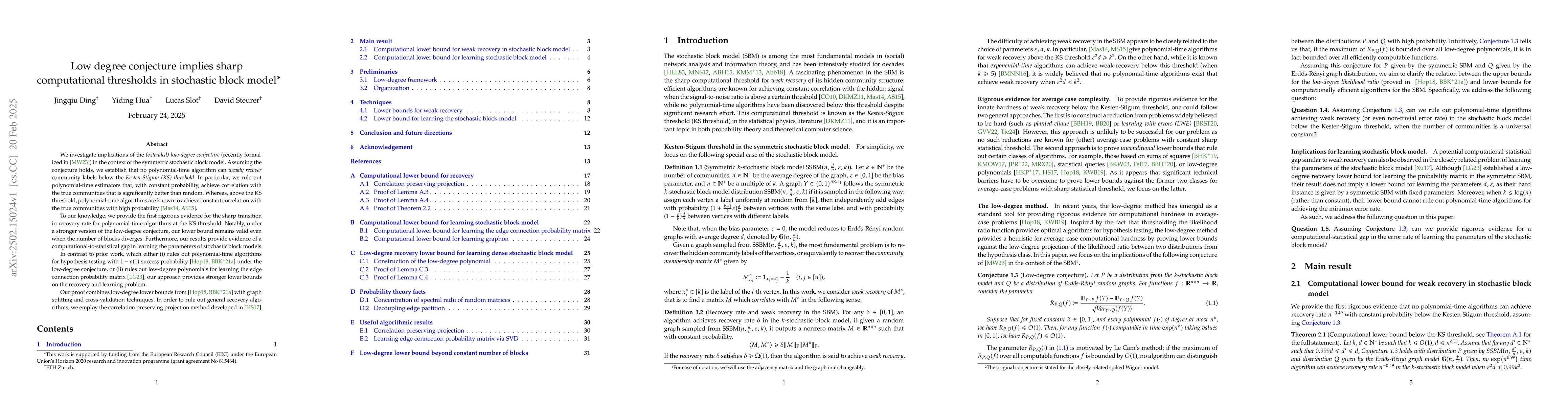 Thumbnail for Low degree conjecture implies sharp computational thresholds in
  stochastic block model