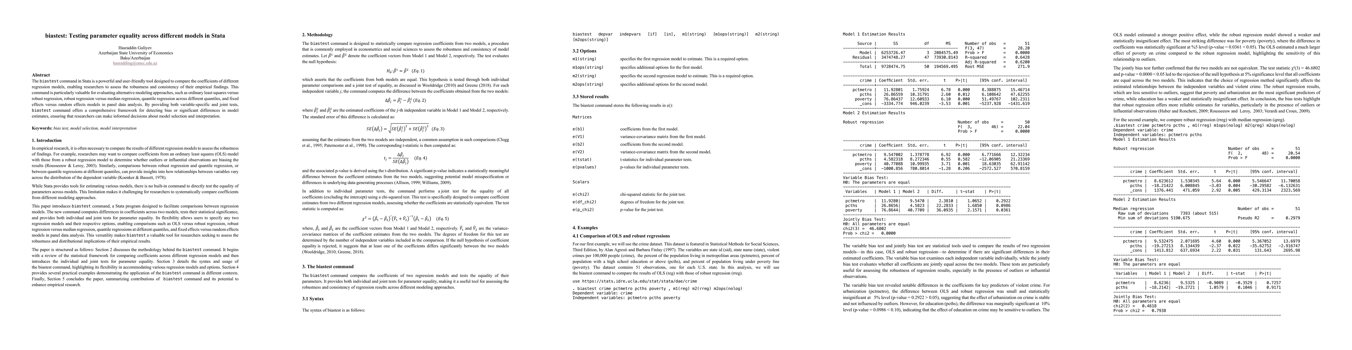 Thumbnail for biastest: Testing parameter equality across different models in Stata