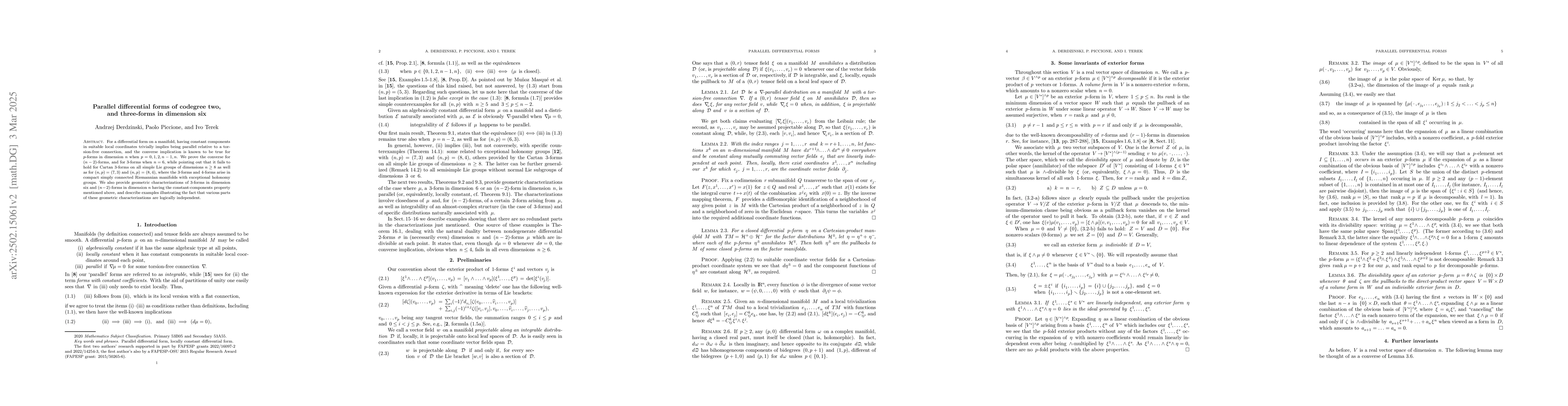 Thumbnail for Parallel differential forms of codegree two, and three-forms in
  dimension six