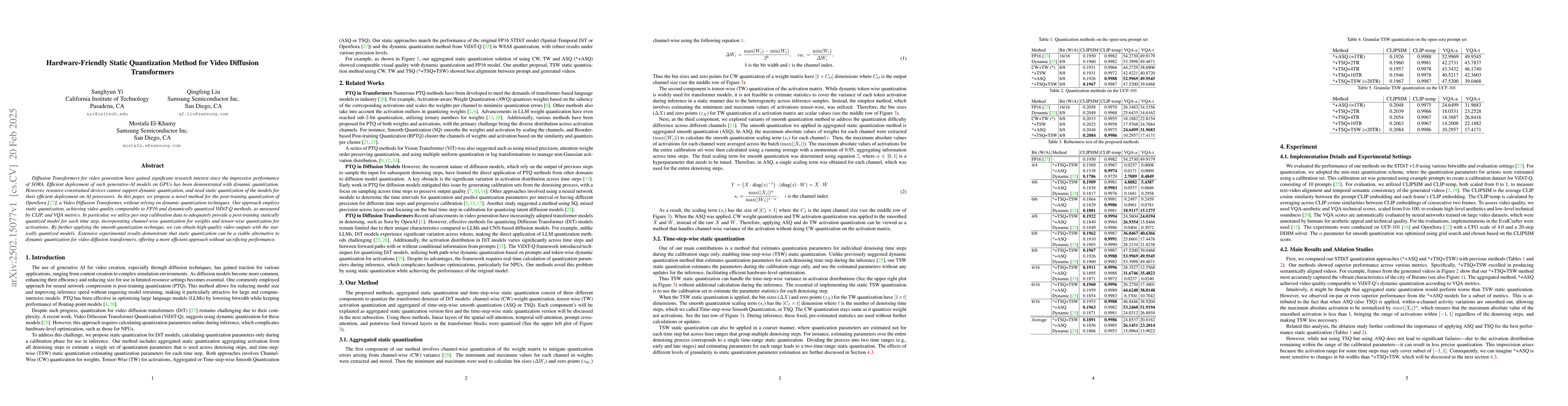 Thumbnail for Hardware-Friendly Static Quantization Method for Video Diffusion
  Transformers