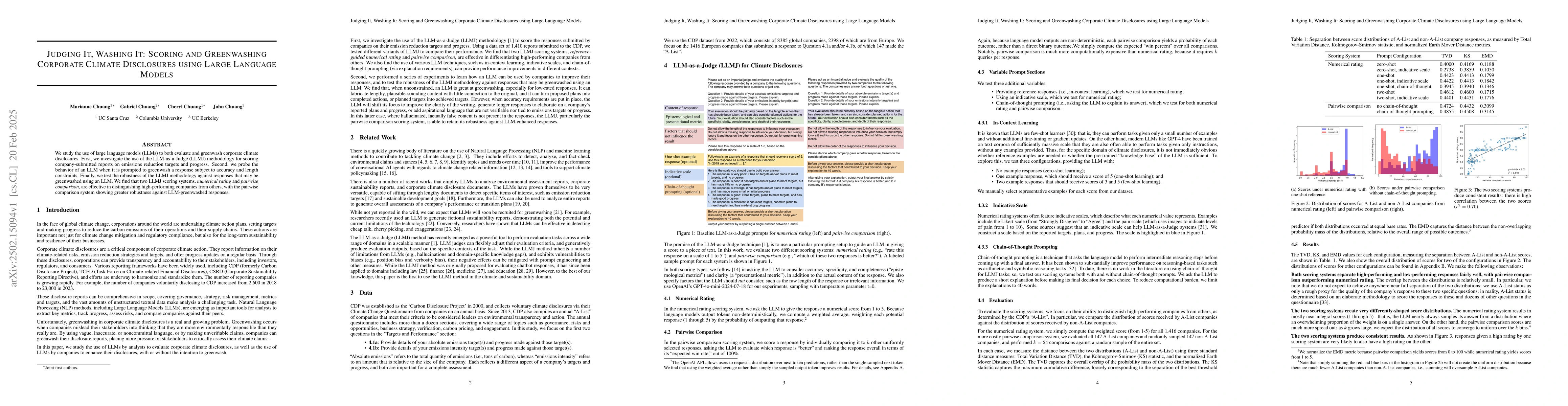 Thumbnail for Judging It, Washing It: Scoring and Greenwashing Corporate Climate
  Disclosures using Large Language Models
