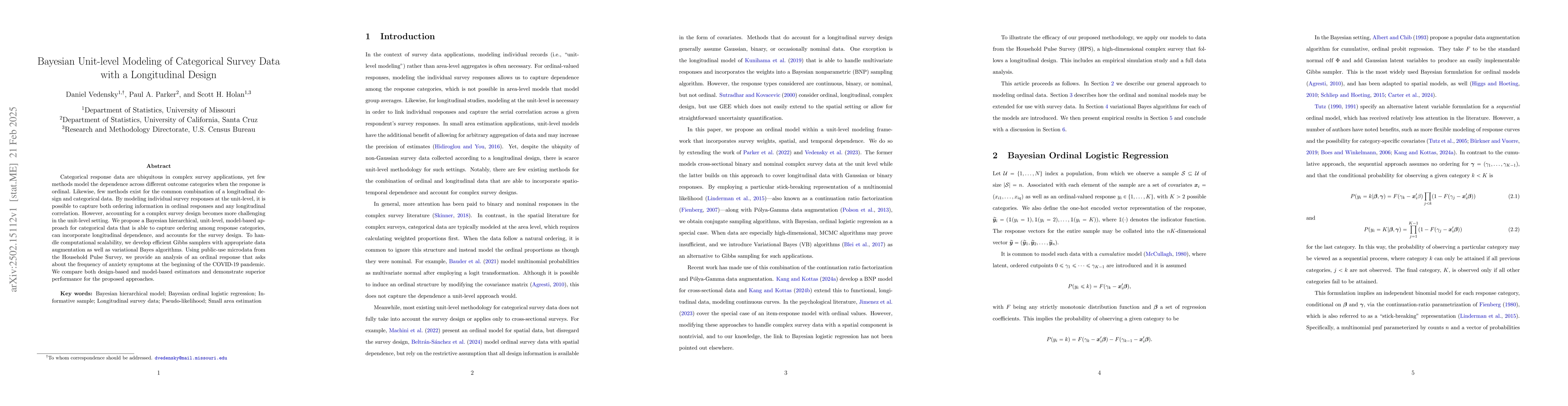 Thumbnail for Bayesian Unit-level Modeling of Categorical Survey Data with a
  Longitudinal Design