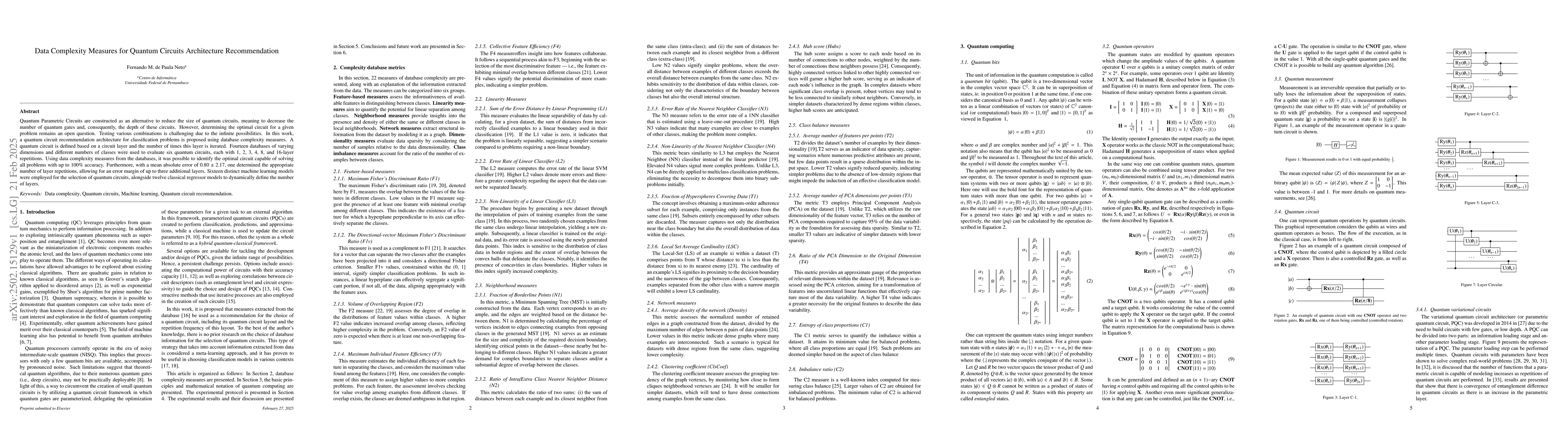 Thumbnail for Data Complexity Measures for Quantum Circuits Architecture
  Recommendation