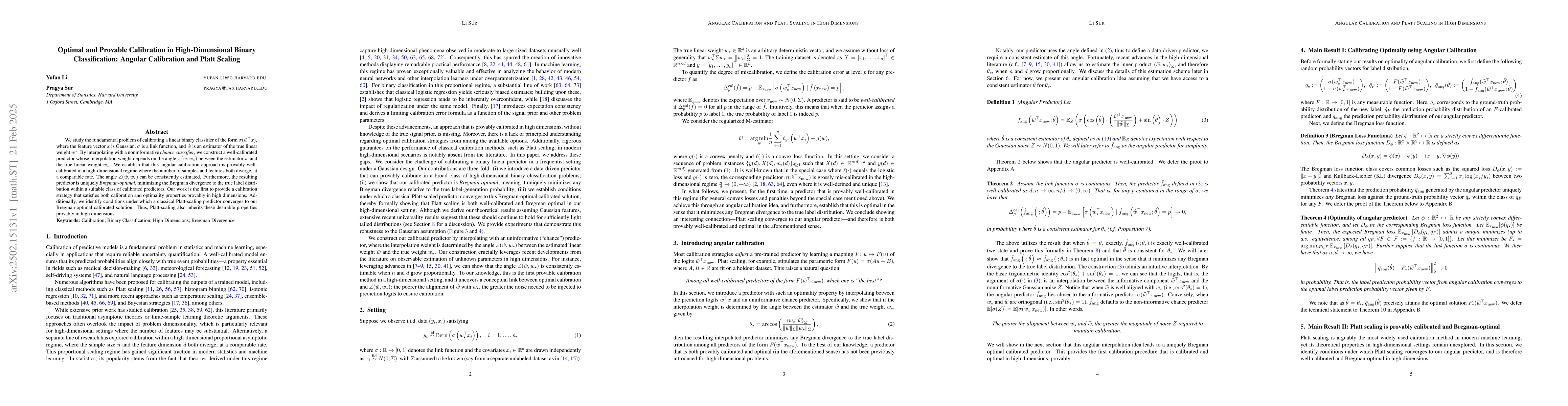Thumbnail for Optimal and Provable Calibration in High-Dimensional Binary
  Classification: Angular Calibration and Platt Scaling