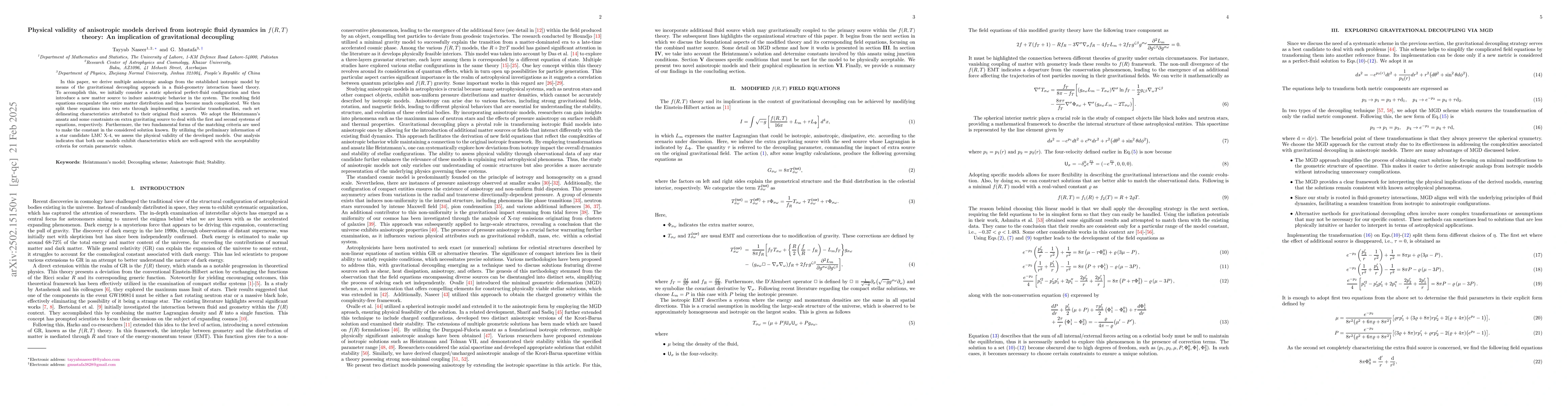 Thumbnail for Physical validity of anisotropic models derived from isotropic fluid
  dynamics in $f(R,T)$ theory: An implication of gravitational decoupling