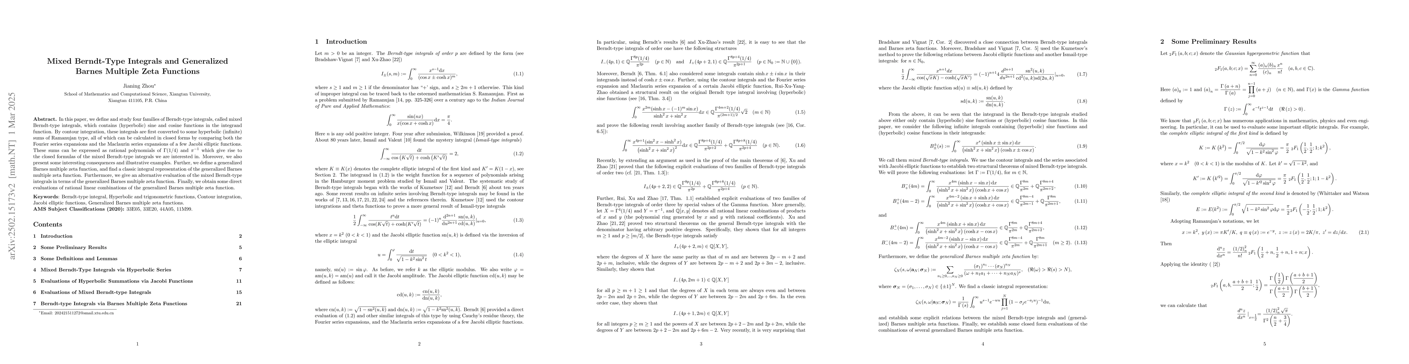 Thumbnail for Mixed Berndt-Type Integrals and Generalized Barnes Multiple Zeta
  Functions