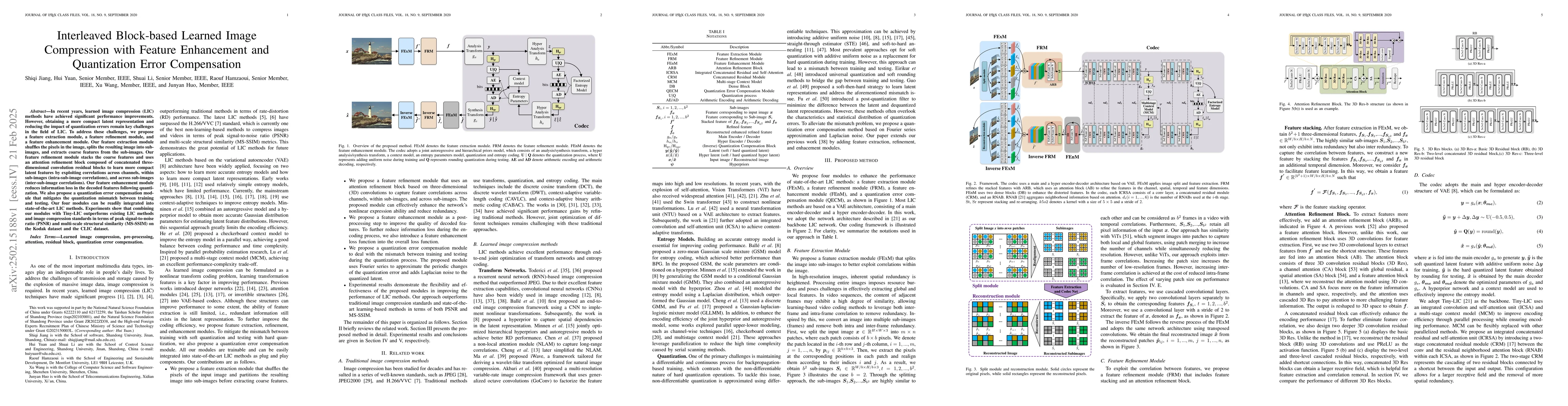Thumbnail for Interleaved Block-based Learned Image Compression with Feature
  Enhancement and Quantization Error Compensation