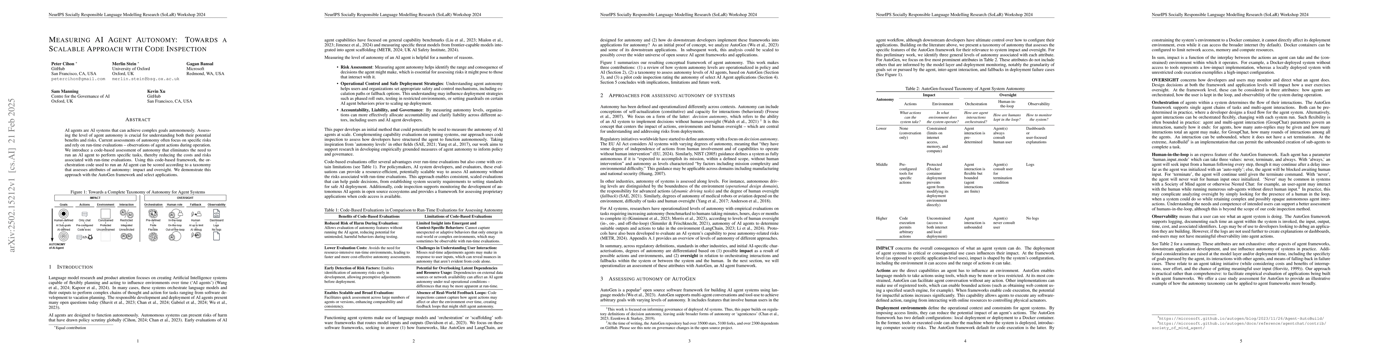Thumbnail for Measuring AI agent autonomy: Towards a scalable approach with code
  inspection
