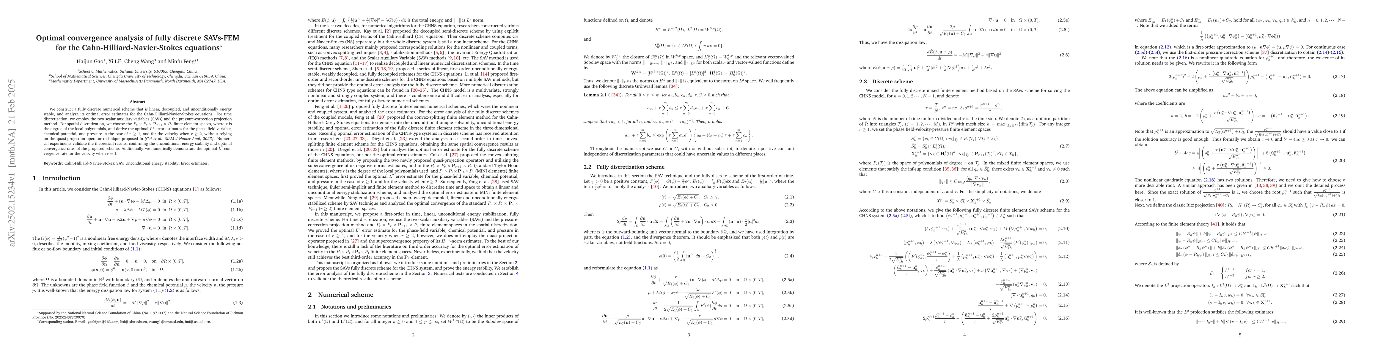 Thumbnail for Optimal convergence analysis of fully discrete SAVs-FEM for the
  Cahn-Hilliard-Navier-Stokes equations