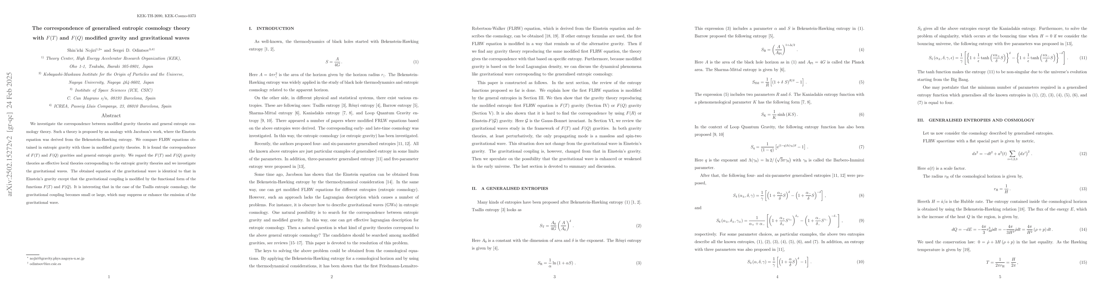 Thumbnail for The correspondence of generalised entropic cosmology theory with $F(T)$
  and $F(Q)$ modified gravity and gravitational waves