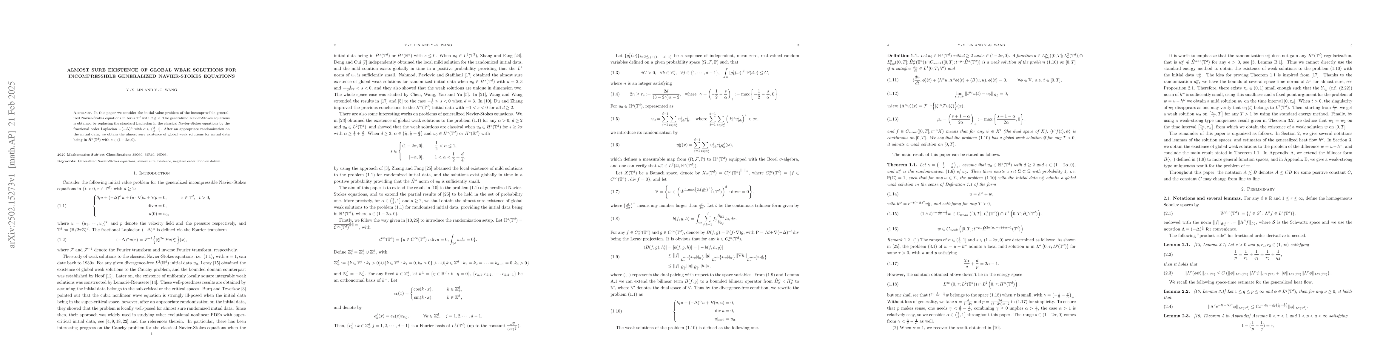 Thumbnail for Almost sure existence of global weak solutions for incompressible
  generalized Navier-Stokes equations