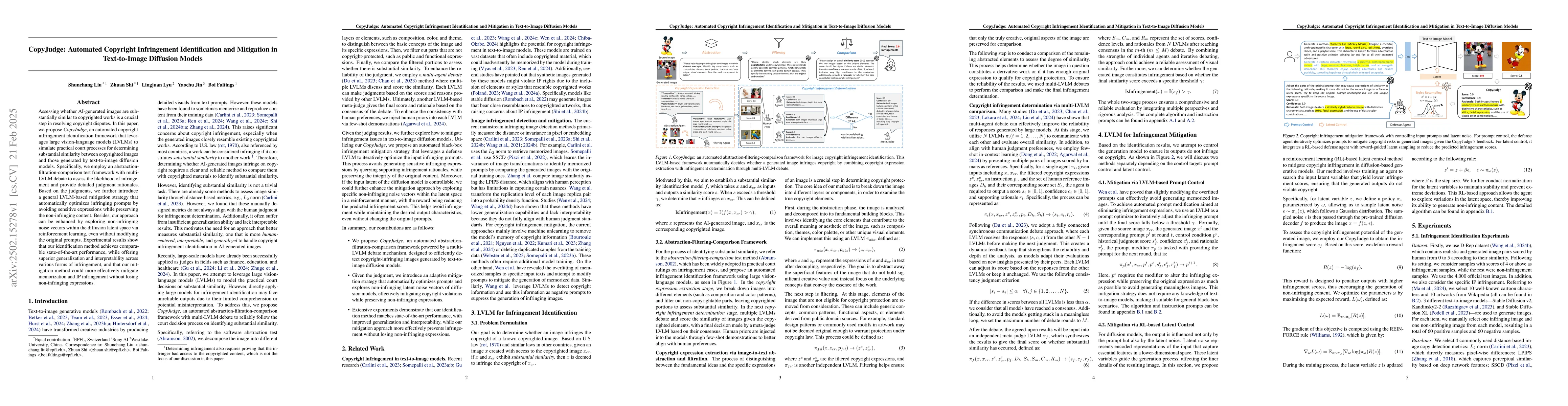 Thumbnail for CopyJudge: Automated Copyright Infringement Identification and
  Mitigation in Text-to-Image Diffusion Models