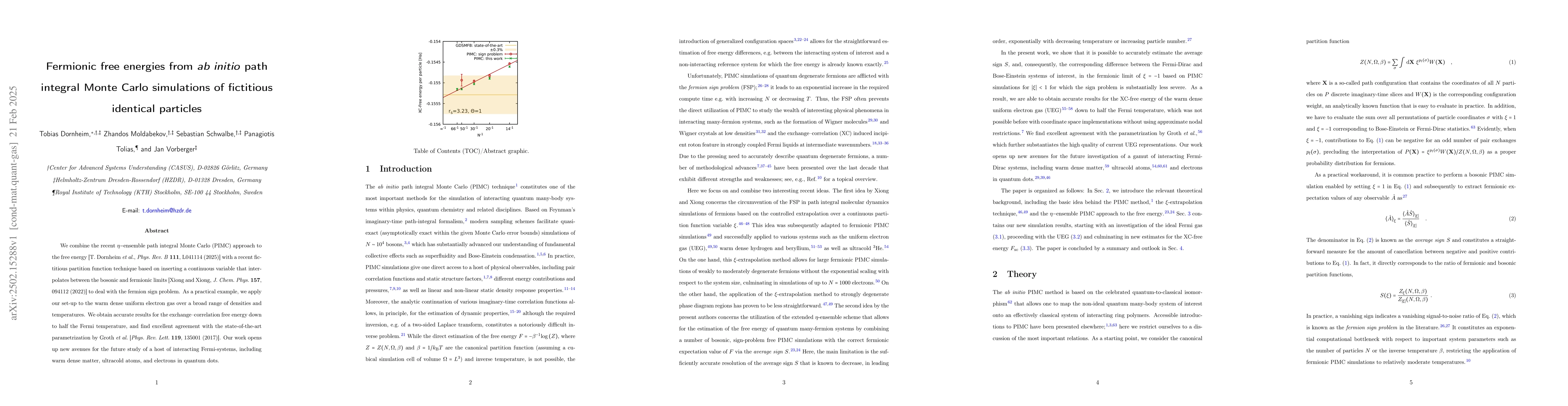 Thumbnail for Fermionic free energies from \textit{ab initio} path integral Monte
  Carlo simulations of fictitious identical particles