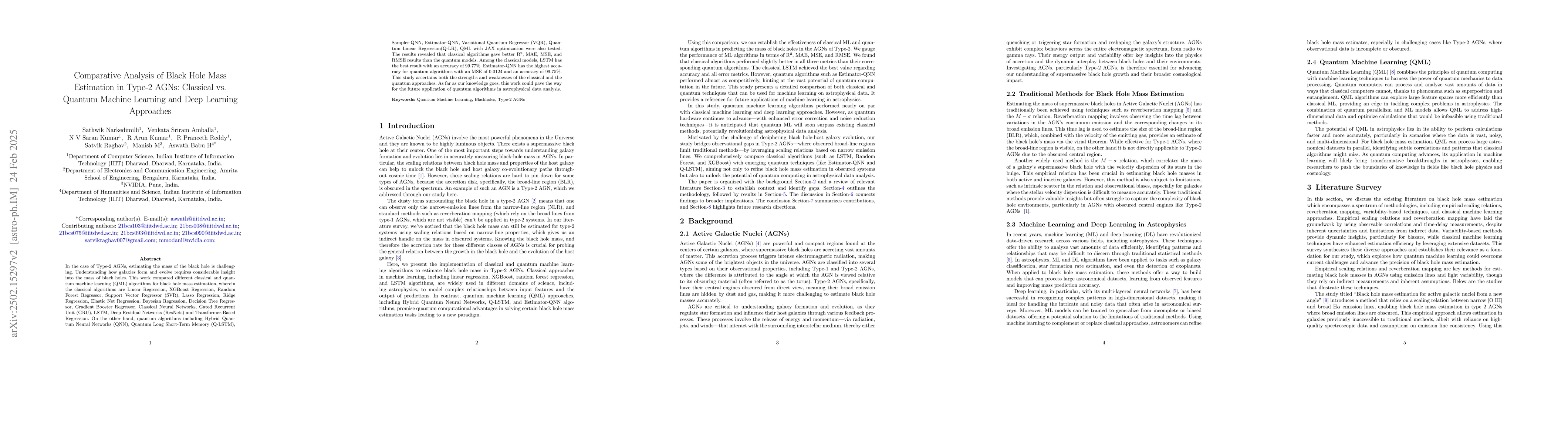 Thumbnail for Comparative Analysis of Black Hole Mass Estimation in Type-2 AGNs:
  Classical vs. Quantum Machine Learning and Deep Learning Approaches