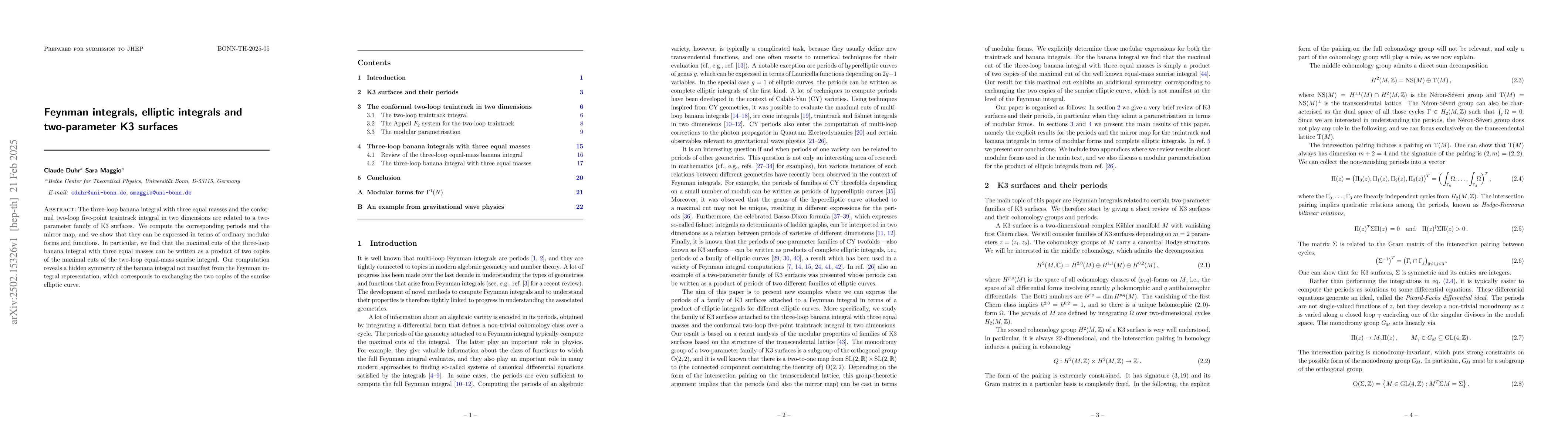 Thumbnail for Feynman integrals, elliptic integrals and two-parameter K3 surfaces