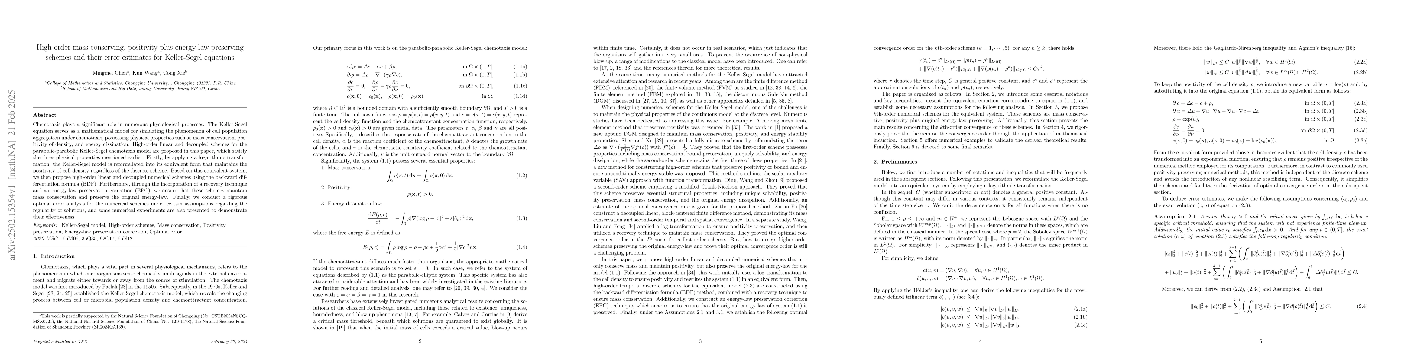 Thumbnail for High-order mass conserving, positivity plus energy-law preserving
  schemes and their error estimates for Keller-Segel equations