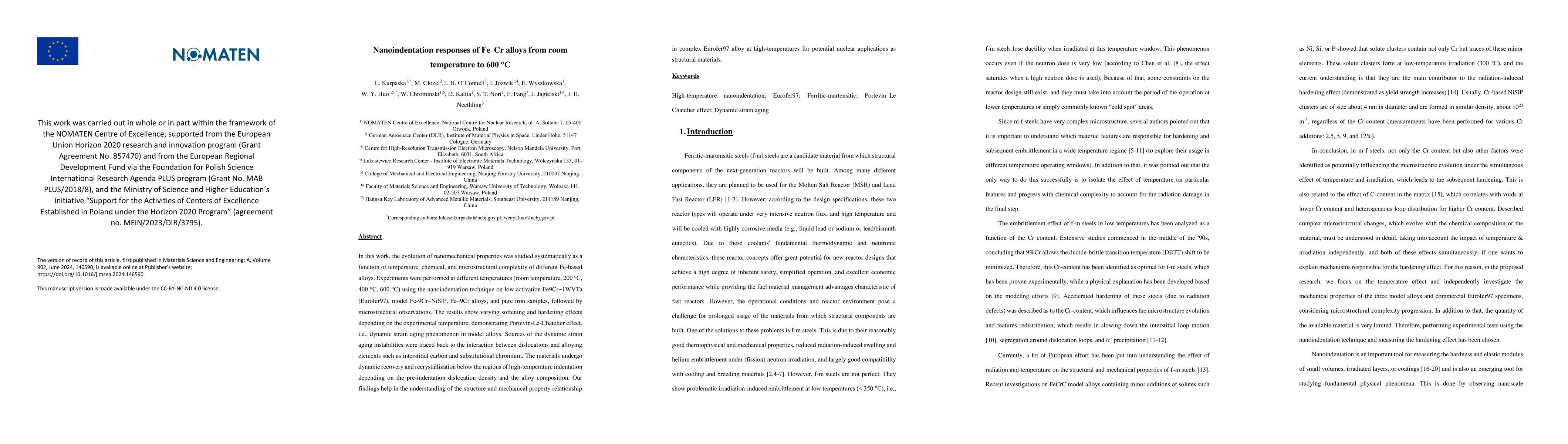 Thumbnail for Nanoindentation responses of Fe-Cr alloys from room temperature to 600
  °C
