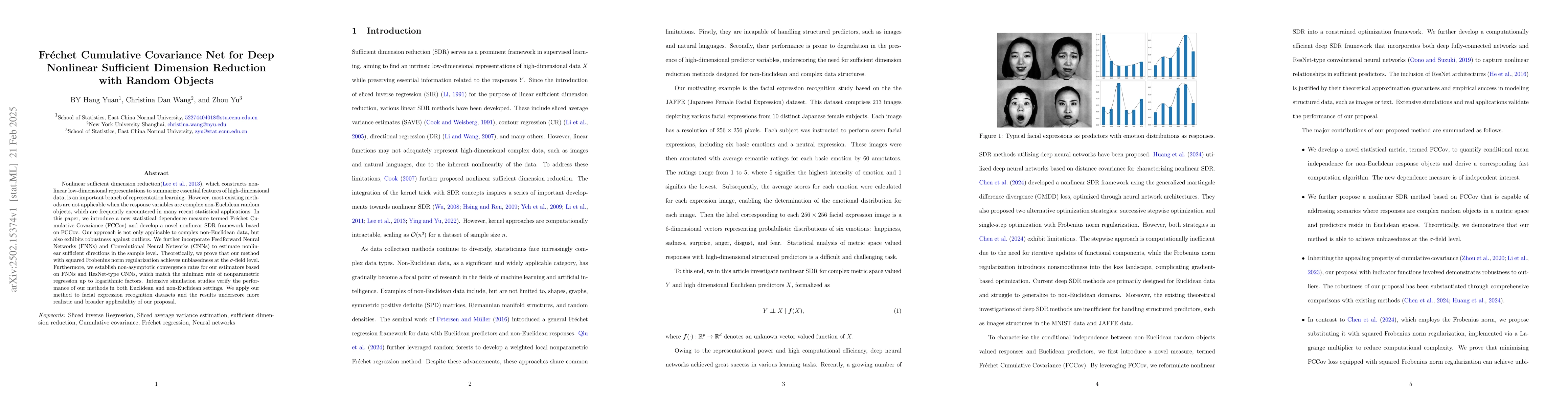 Thumbnail for Fréchet Cumulative Covariance Net for Deep Nonlinear Sufficient
  Dimension Reduction with Random Objects