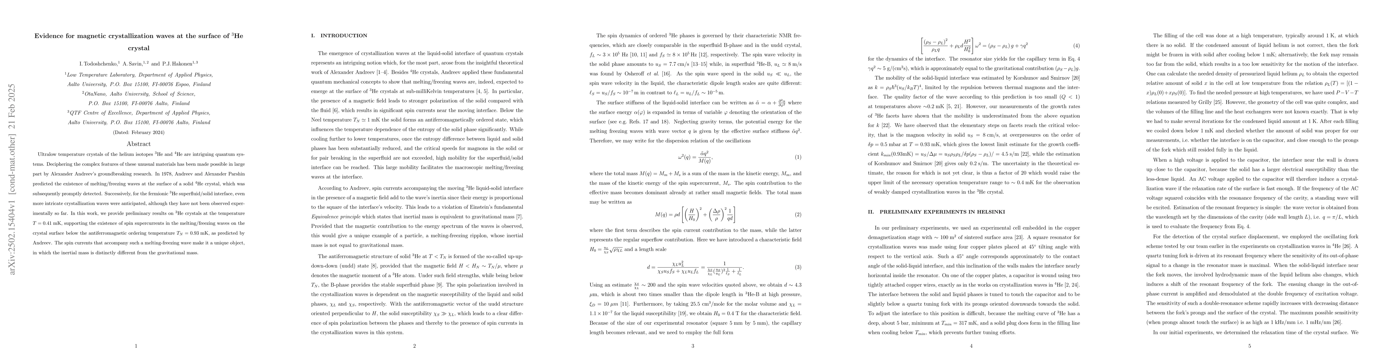 Thumbnail for Evidence for magnetic crystallization waves at the surface of $^3$He
  crystal