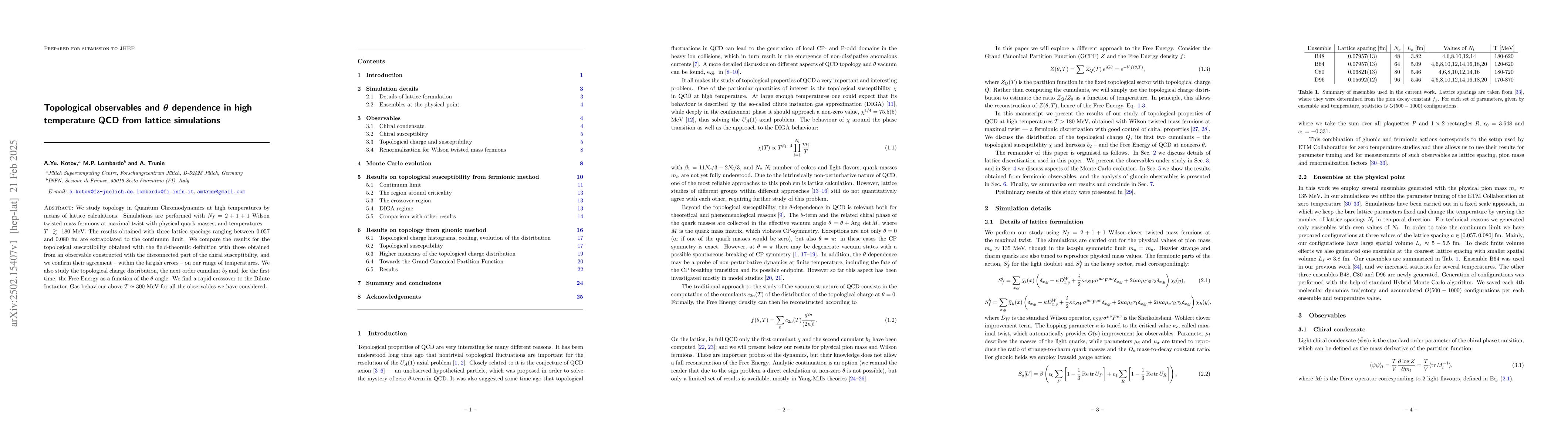 Thumbnail for Topological observables and $θ$ dependence in high temperature QCD
  from lattice simulations