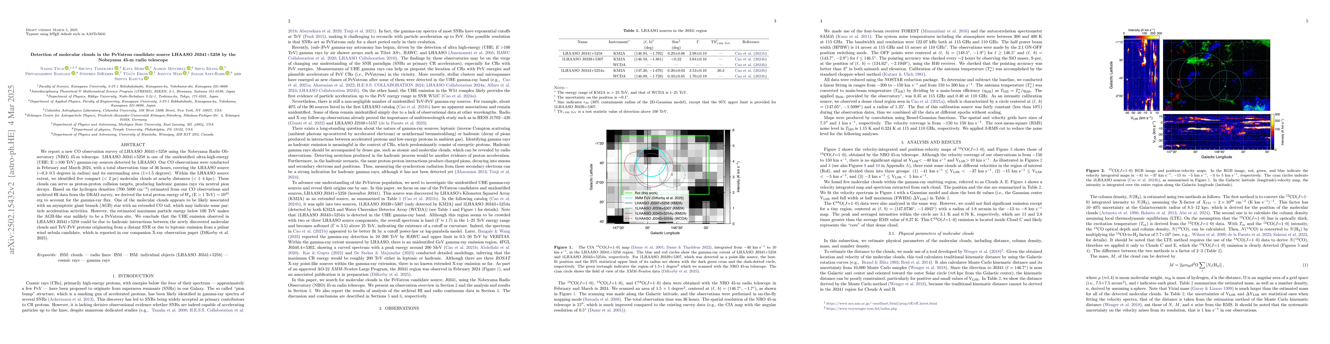Thumbnail for Detection of molecular clouds in the PeVatron candidate source LHAASO
  J0341$+$5258 by the Nobeyama 45-m radio telescope