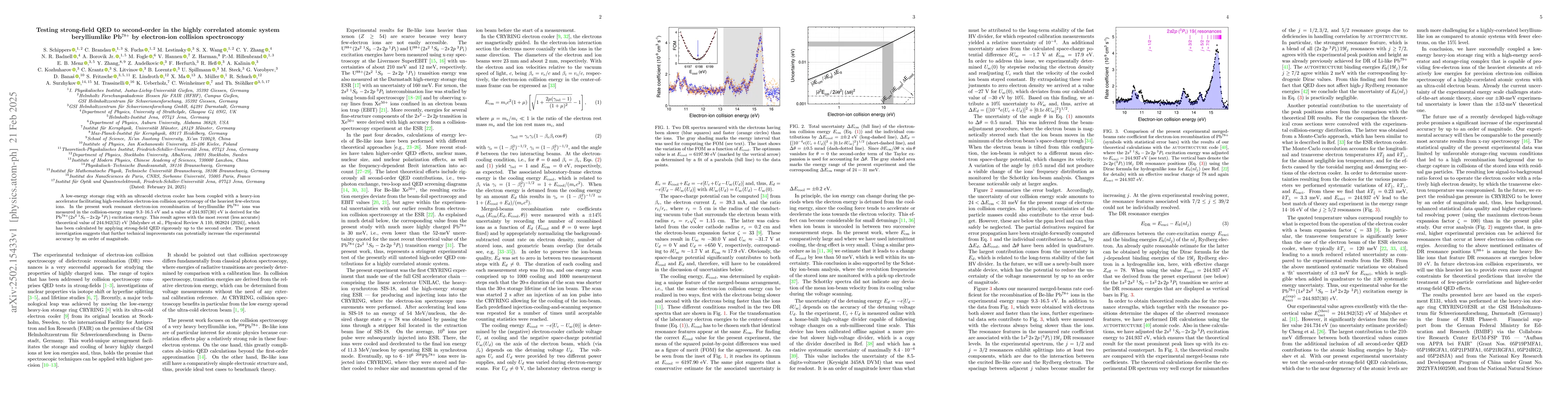 Thumbnail for Testing strong-field QED to second-order in the highly correlated atomic
  system berylliumlike Pb78+ by electron-ion recombination spectroscopy
