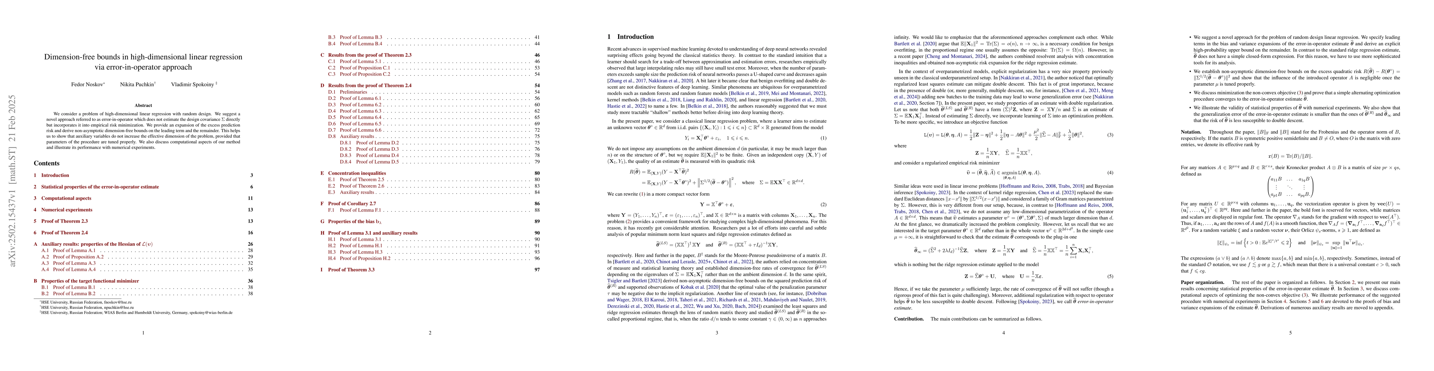 Thumbnail for Dimension-free bounds in high-dimensional linear regression via
  error-in-operator approach