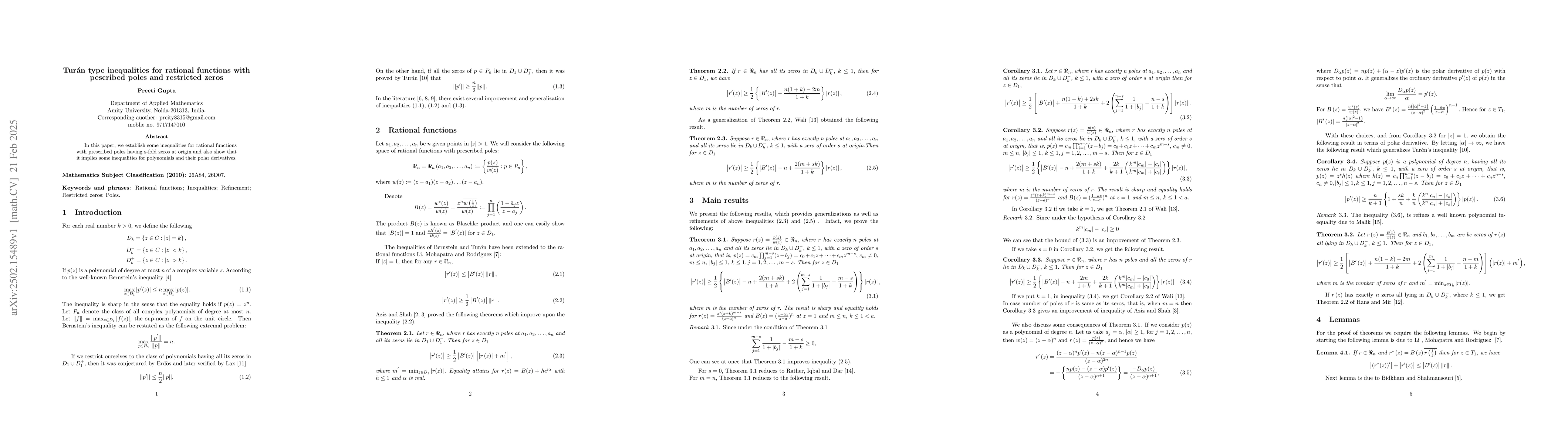 Thumbnail for Turan type inequalities for rational functions with pescribed poles and
  restricted zeros