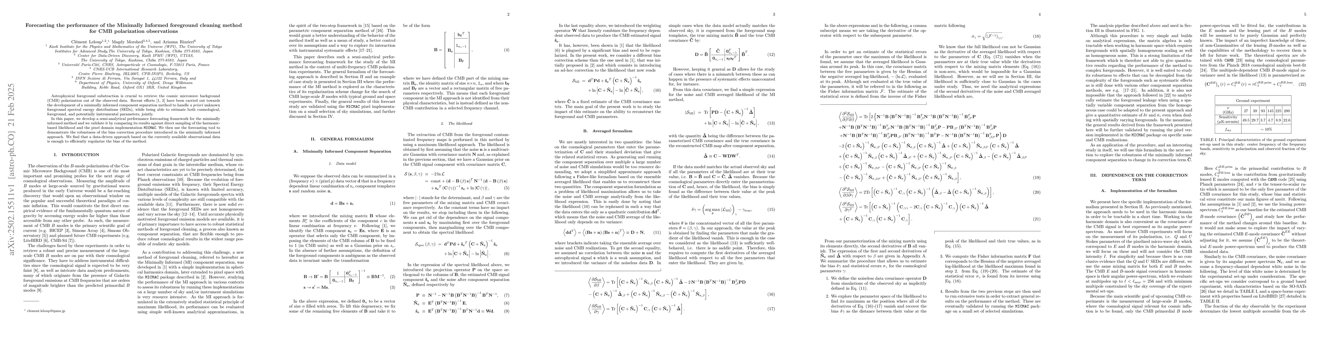 Thumbnail for Forecasting the performance of the Minimally Informed foreground
  cleaning method for CMB polarization observations