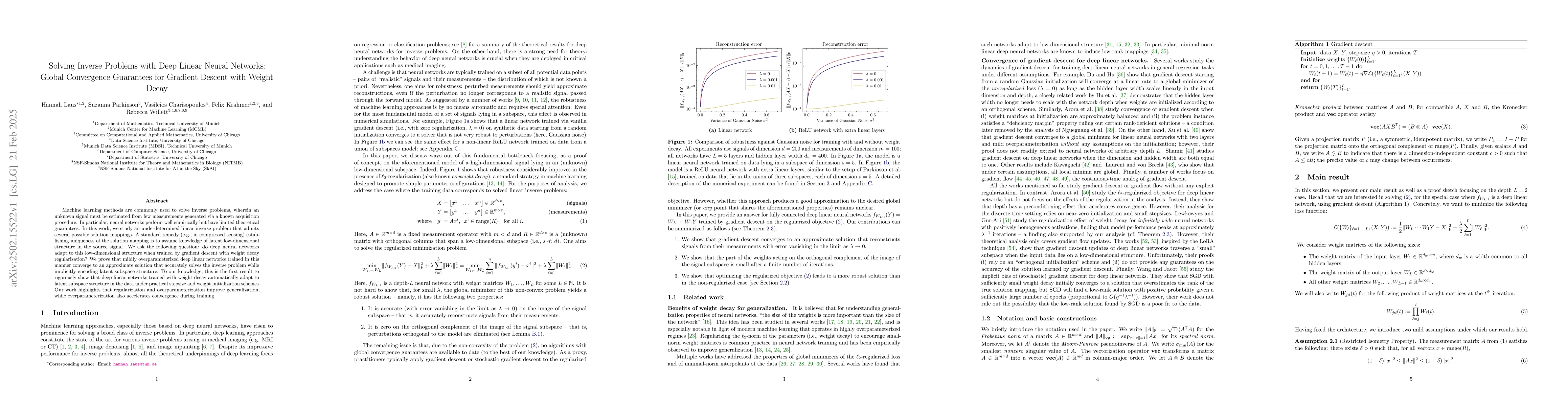 Thumbnail for Solving Inverse Problems with Deep Linear Neural Networks: Global
  Convergence Guarantees for Gradient Descent with Weight Decay