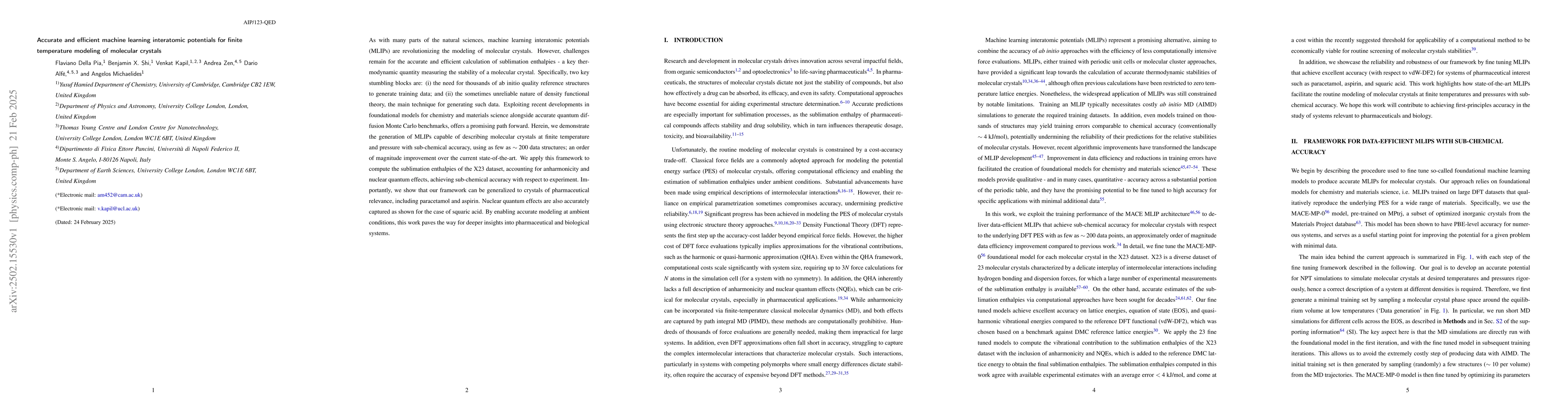 Thumbnail for Accurate and efficient machine learning interatomic potentials for
  finite temperature modeling of molecular crystals