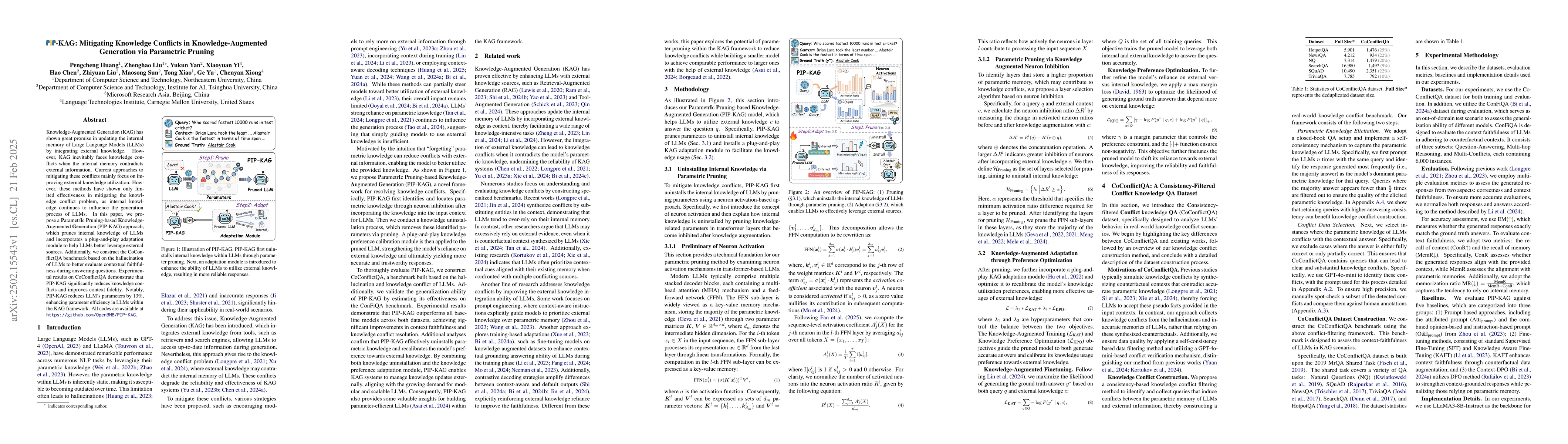 Thumbnail for PIP-KAG: Mitigating Knowledge Conflicts in Knowledge-Augmented
  Generation via Parametric Pruning