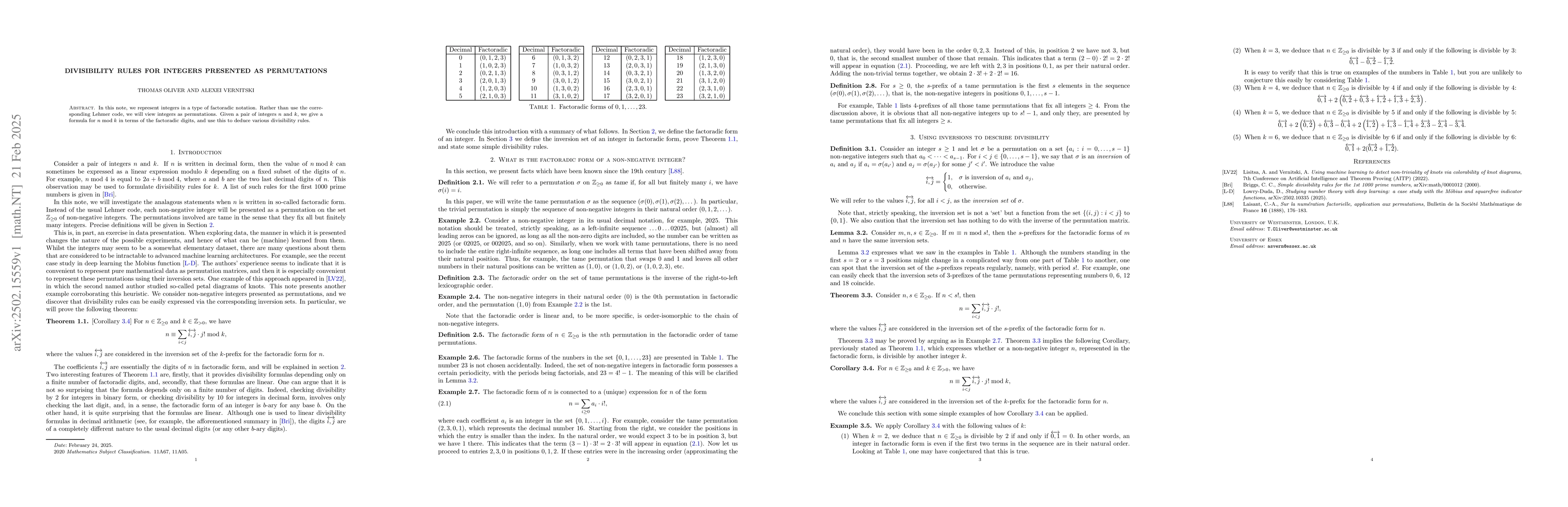 Thumbnail for Divisibility rules for integers presented as permutations