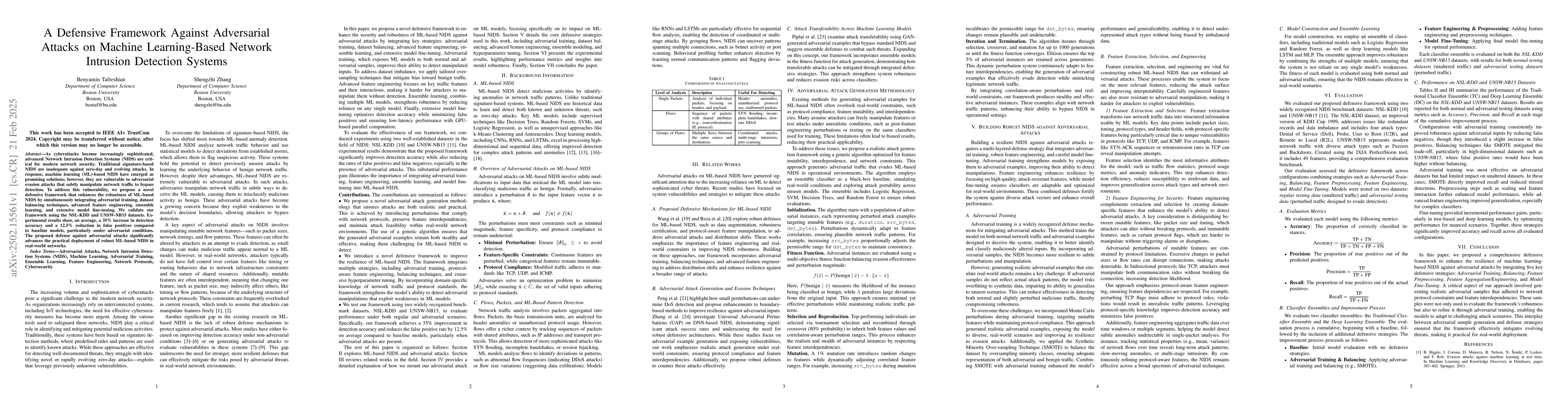 Thumbnail for A Defensive Framework Against Adversarial Attacks on Machine
  Learning-Based Network Intrusion Detection Systems