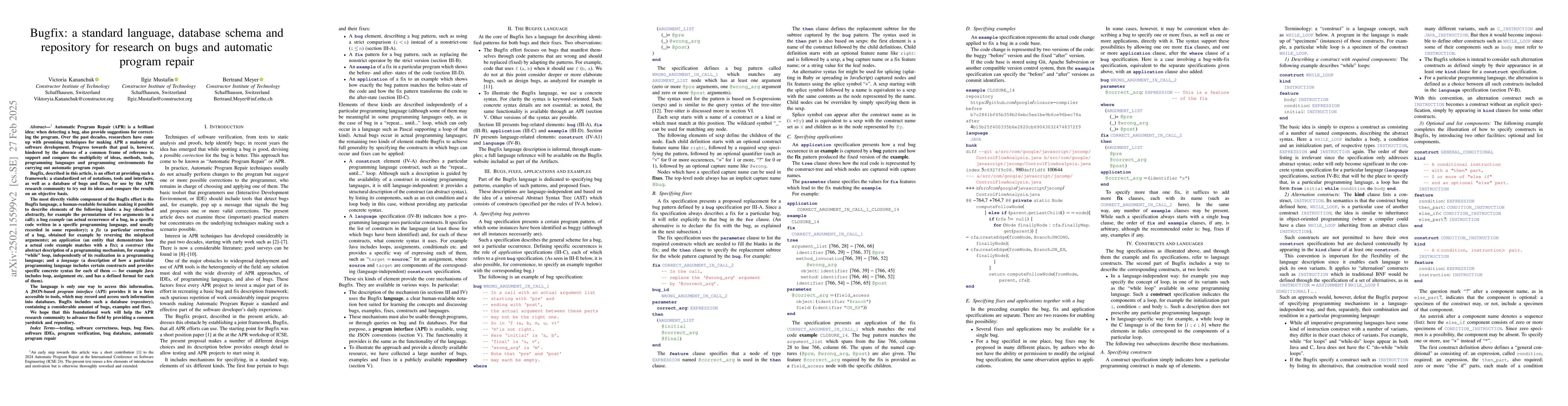 Thumbnail for Bugfix: a standard language, database schema and repository for research
  on bugs and automatic program repair