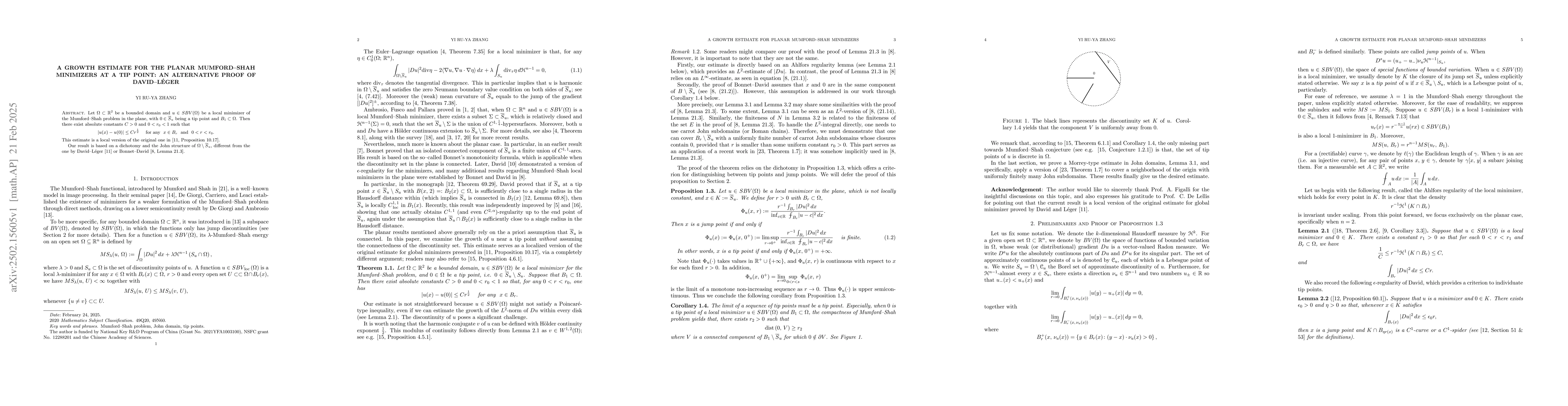 Thumbnail for A growth estimate for the planar Mumford--Shah minimizers at a tip
  point: An alternative proof of David--Léger