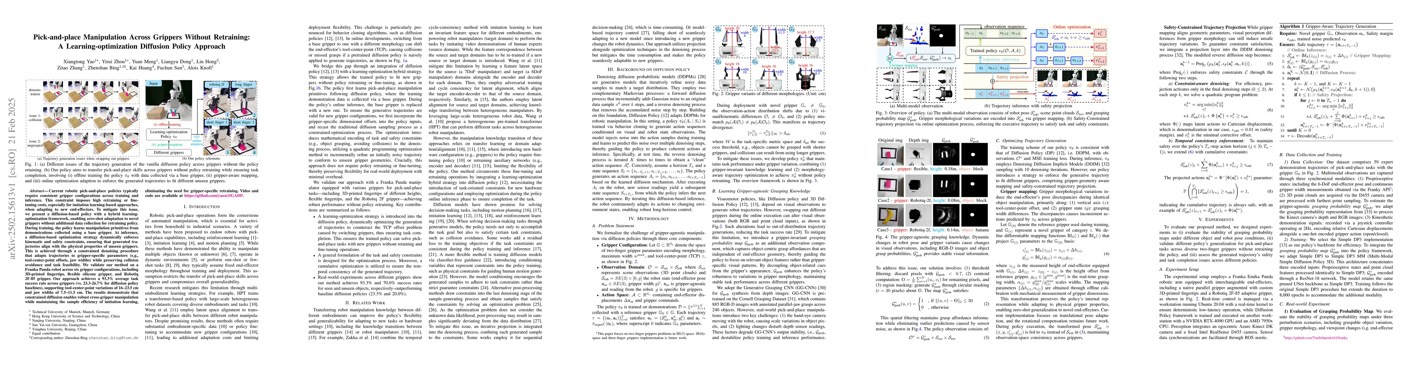 Thumbnail for Pick-and-place Manipulation Across Grippers Without Retraining: A
  Learning-optimization Diffusion Policy Approach