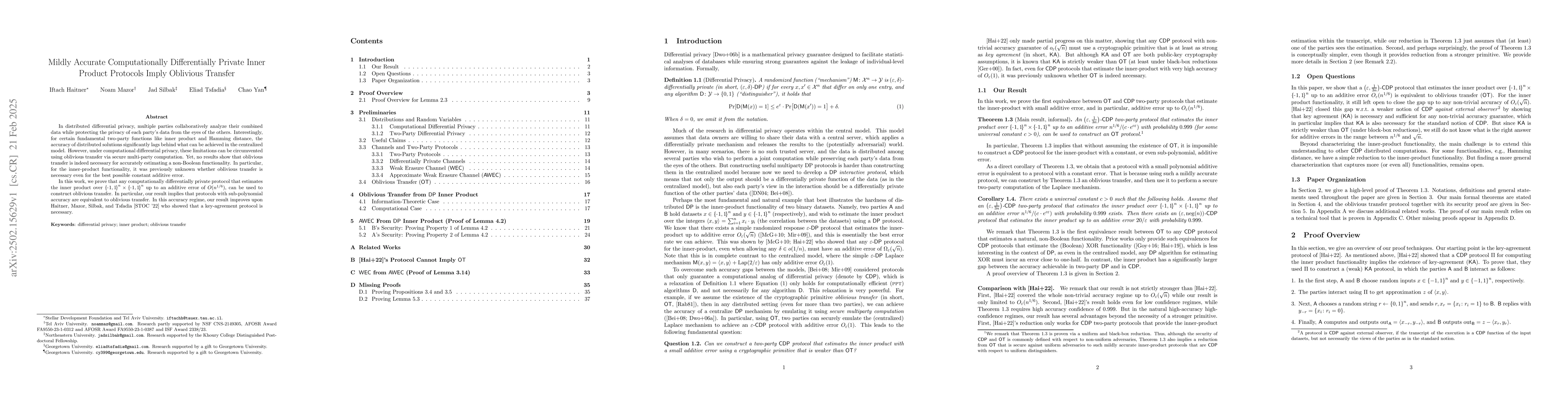 Thumbnail for Mildly Accurate Computationally Differentially Private Inner Product
  Protocols Imply Oblivious Transfer