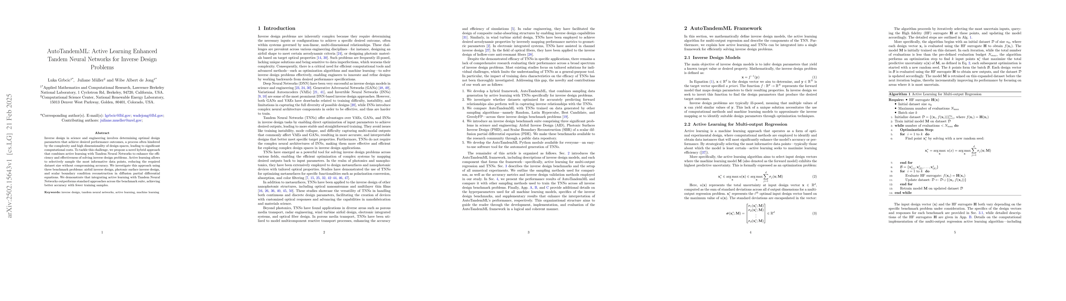 Thumbnail for AutoTandemML: Active Learning Enhanced Tandem Neural Networks for
  Inverse Design Problems